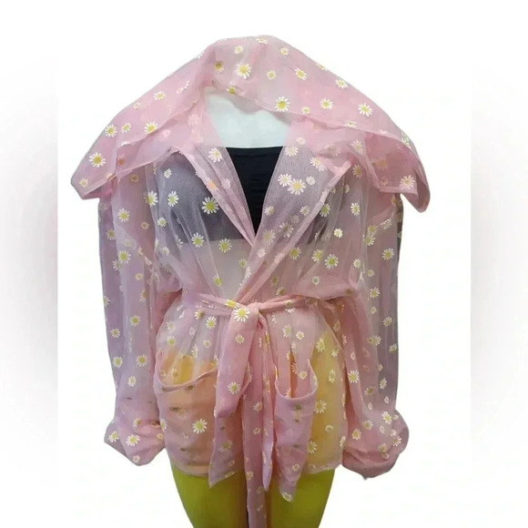 House Of Aris Sheer Pink Daisy Festival Cardigan Over Sized Hood Size  Medium - Picture 3 of 11